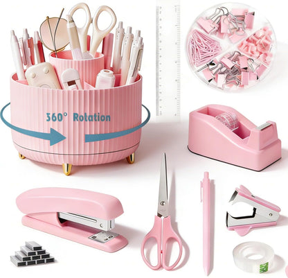 Gawsey Desk Organizers and Accessories Set with 360-Degree Rotating Pen Holder, Tape Dispenser, Stapler, Staple Remover, 1000 Staples, Tape, Clips Set, Ruler, Scissor, Pen (Pink-A)