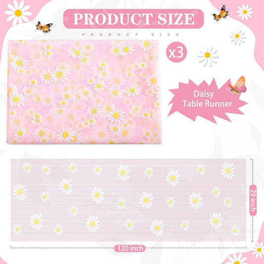 Breling 3 Pack 10ft Daisy Tulle Table Runner 120 Inch Seasonal Flower Sheer Gauze Daisy Table Runner Kitchen Dining Holiday Wedding Birthday Baby Shower Home Party Decor(Pink)