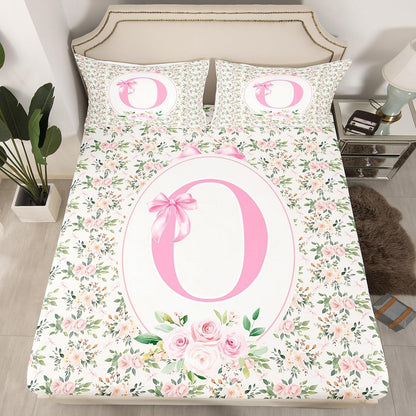 Erosebridal Letter O Bed Sheets Set Twin Peach Blossom Sheet Set Coquette Princess Floral Print Sheets Girly Cute Kawaii Ribbon Bow Rose Flat Fitted Sheet