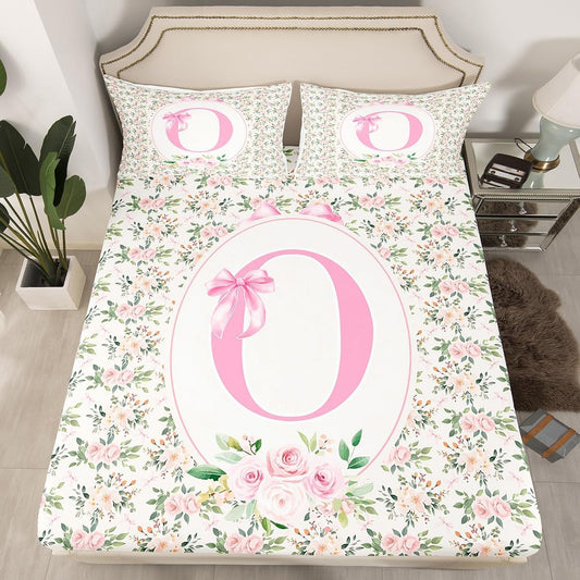 Erosebridal Letter O Bed Sheets Set Twin Peach Blossom Sheet Set Coquette Princess Floral Print Sheets Girly Cute Kawaii Ribbon Bow Rose Flat Fitted Sheet