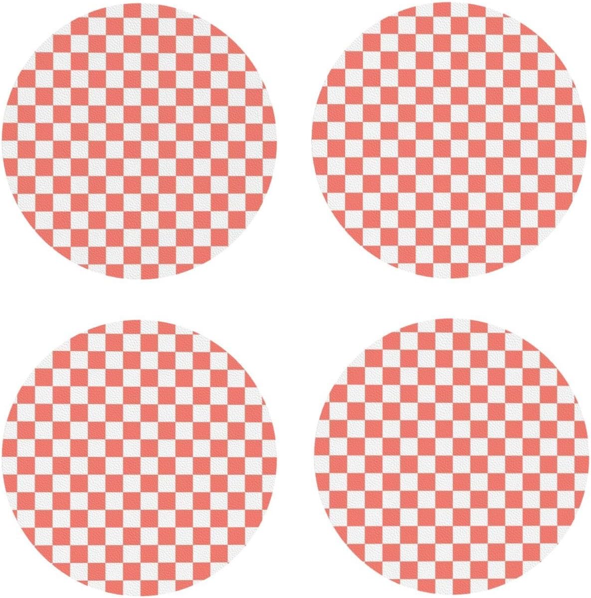 Pink and White Checker Pattern Drinks Coasters Set of 4 Leather Drink Coasters for Tabletop Protection Heat Resistant Bar Cup Mat Pad