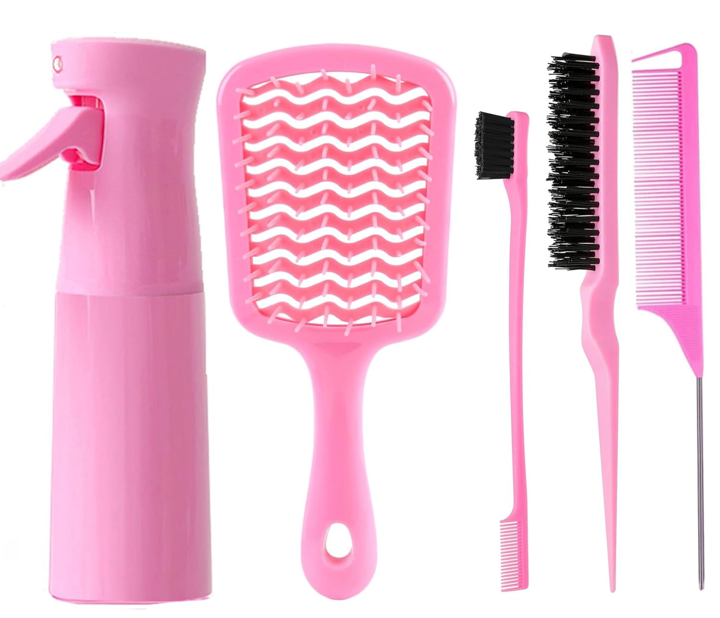 5 Pc Hair Brush Kit with Detangling Brush & Spray Bottle, 3 Soft-Bristle Hairbrushes for Girls, for Wet/Dry Hair, Adults and Children (pink)