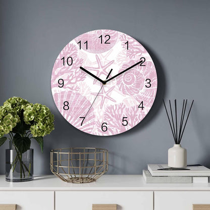 Coral Wall Clock Battery Operated Non-Ticking 10" Round Wood Clocks, Ocean Coral Coastal Marine Pink Kitchen Wall Clock for School Bathroom Living Room Home Office Wall Decor