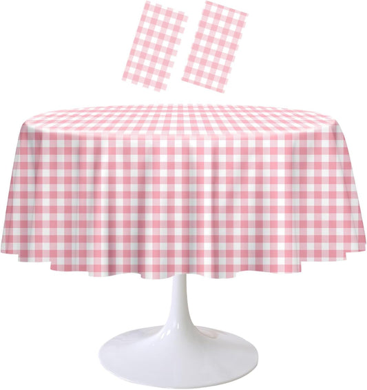 2 Pack Pink Gingham Tablecloth Round 84 x 84 Inch Round Plastic Checkered Table Cloth Disposable Plaid Table Cover for Picnic Party Birthday Wedding Baby Shower Circle Pink Tablecloth