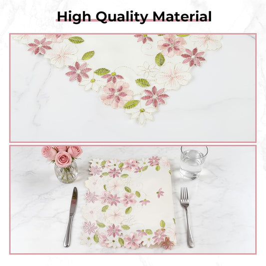 Flower Placemat with Cutout Flower Edge, Pink Floral Cutwork Embroidered Placemats for Wedding Birthday Dinner Party Table Decor, Set of 4,Rectangular