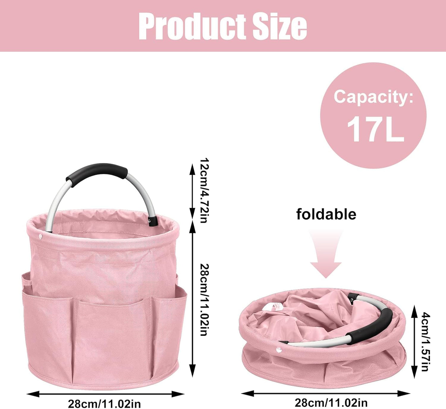 17L Cleaning Caddy with Handle, Foldable Cleaning Supply Caddy with 6 Pockets Cleaning Caddy Bag for Outdoor Camping Garden Harvest Basket Bathroom Storage (Pink)
