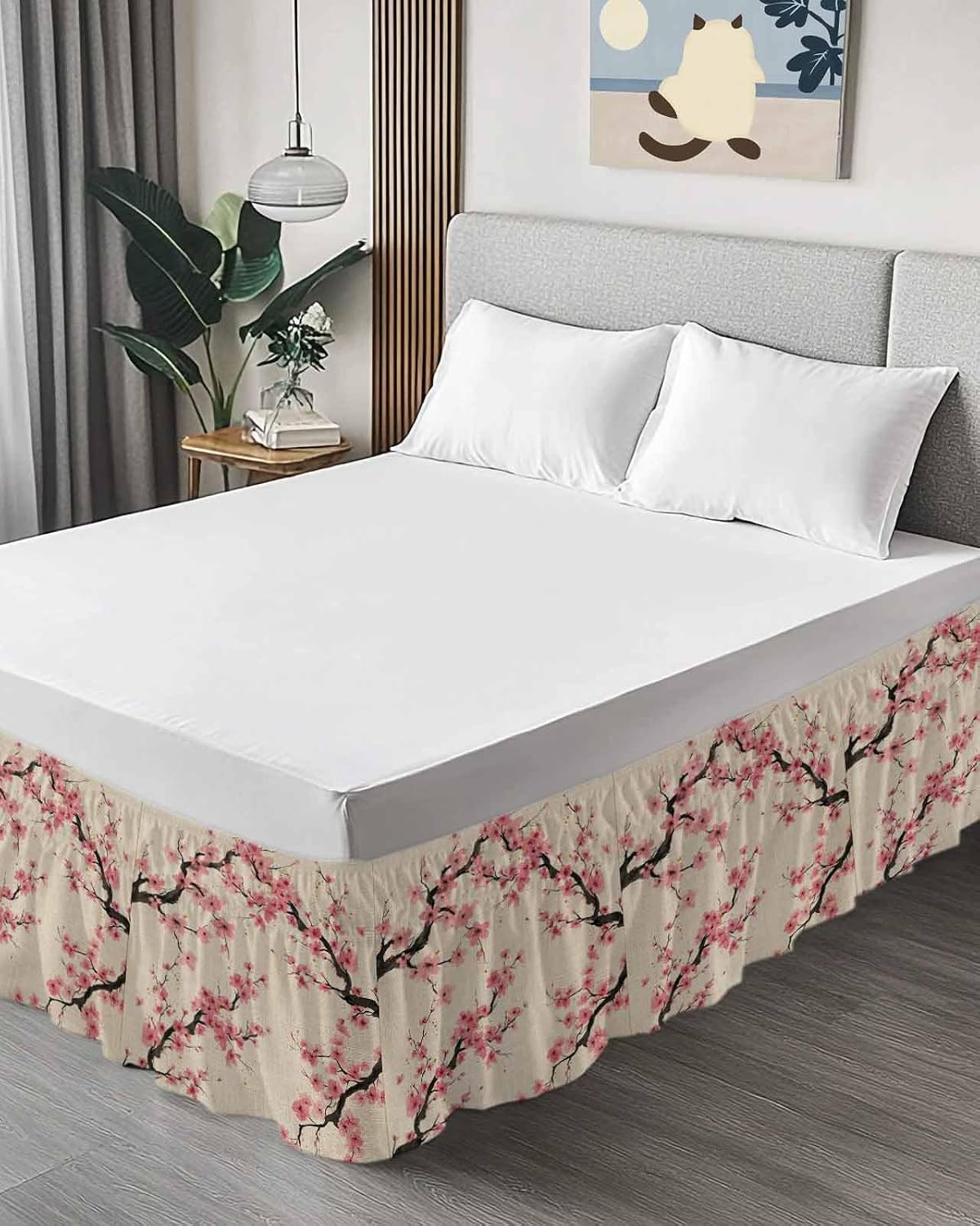 Spring Flowers Bed Skirt Queen Size 16 Inch Drop, Wrap Around Bed Skirts, Country Pink Peach Blossoms Botanical Floral Elastic Bedskirt Pleated Bed Frame Cover Luxurious Dust Ruffle for Queen Bed