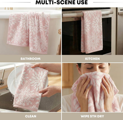 Artoid Mode 2 Pcs Beige Pink Dahlia Floral Jacquard Hand Towels for Bathroom, 100% Cotton Soft Absorbent Bathroom Decor Towels, 13.7 x 29.5 Inch