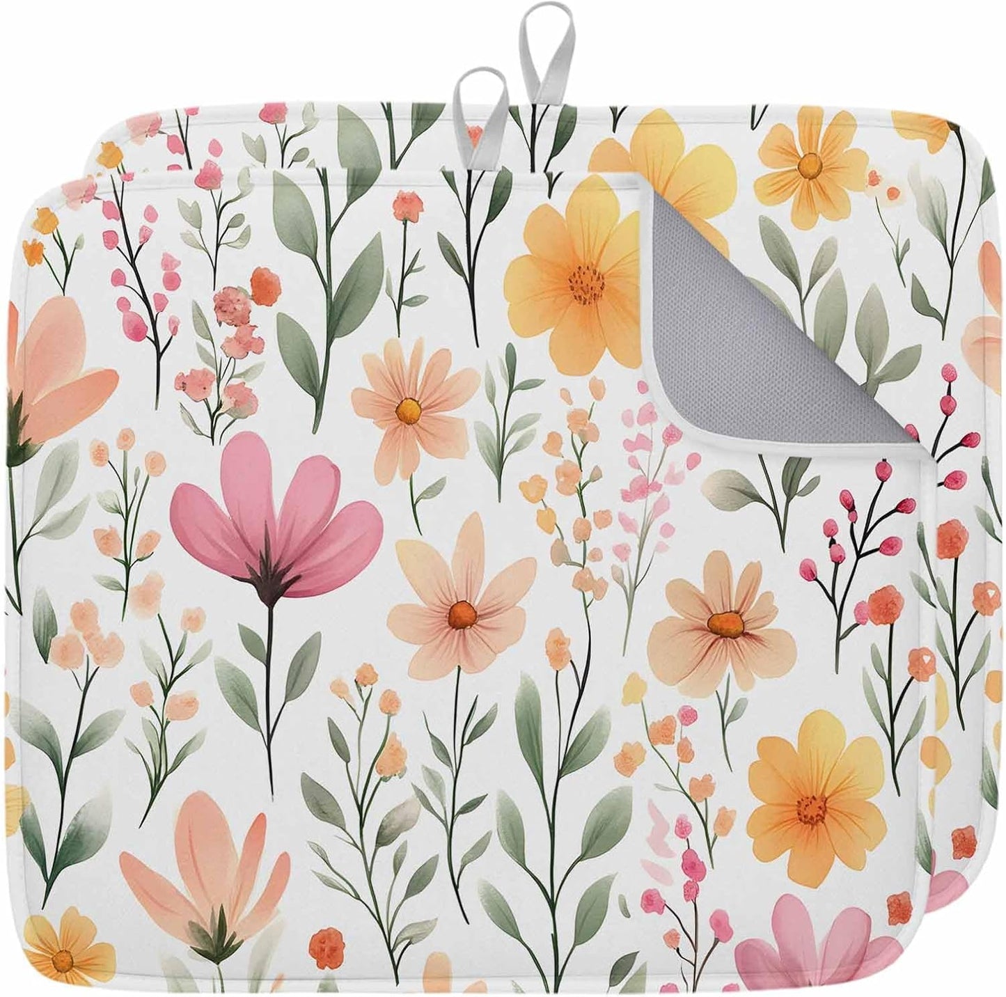 Watercolor Floral Dish Drying Mat 2 Pack, Light Pink Wildflowers Leaves Botanical Absorbent Heat Insulating Kitchen Drying Pad Drainer Mats for Sink Counter Dishes 16 X 18 Inch