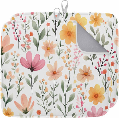 Watercolor Floral Dish Drying Mat 2 Pack, Light Pink Wildflowers Leaves Botanical Absorbent Heat Insulating Kitchen Drying Pad Drainer Mats for Sink Counter Dishes 16 X 18 Inch