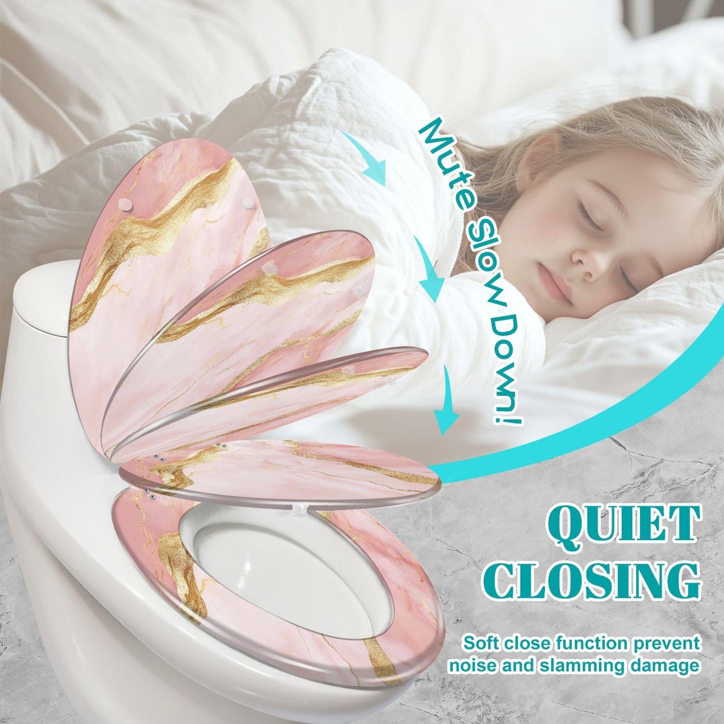 Elongated Toilet Seat Pink marble rose gold Resin Toilet Seat Slow Quiet Close Lid with Quick-Release Hinges Cover Bumpers Easy to Clean Install