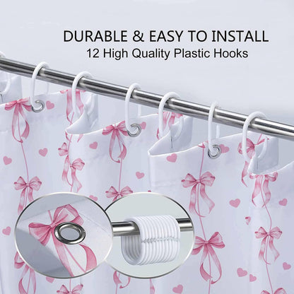 Pink Bow Shower Curtain, Cute Aesthetic Bowknot for Teens Girls Aabstract Shower Curtain Set, Princess Style Girly Fairy Tale Theme Bath Curtain Decor with Hooks, 72X72IN