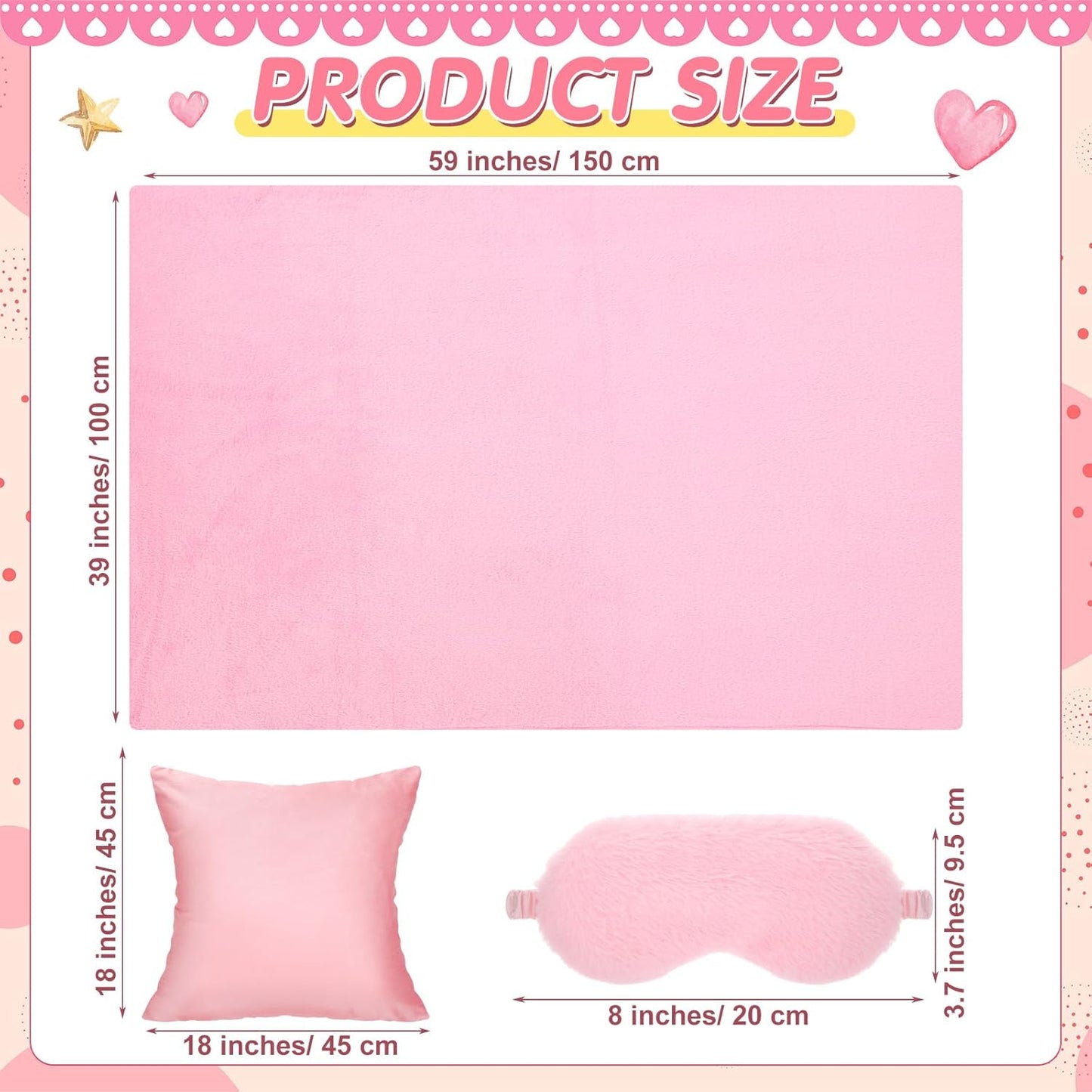 Fanfanwin 18 Pcs Sleepover Party Supplies Set 6 Pcs Fleece Soft Blankets 6 Pcs Velvet Pillows 6 Pcs Faux Rabbit Fur Sleep Eye Mask Sleeping Stuff Accessories for Slumber Spa Favors(Pink)