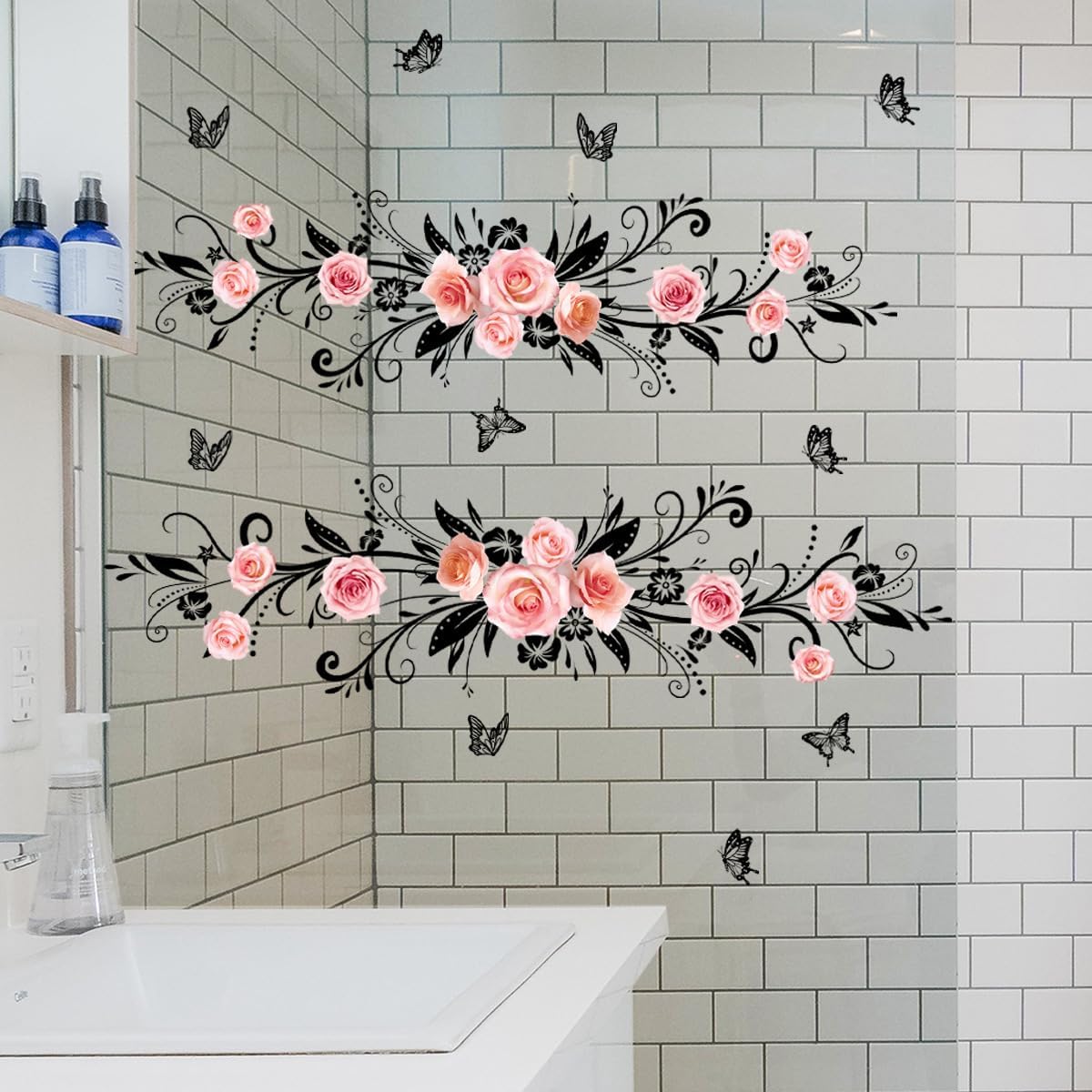 Elegant Pink Rose Wall Decals - Symmetrical Design, Easy Peel&Stick,Removable Wall Sticker,DIY Wall Decals Perfect for Kids Room,Living Room,Bathroom & Window Home Wall and Nursery Décor