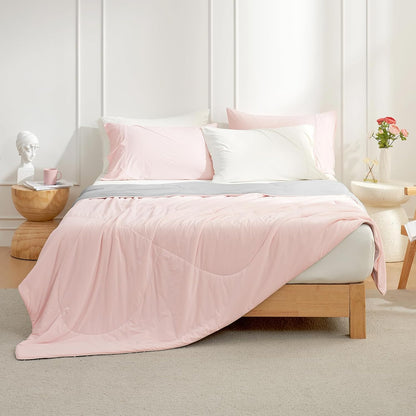 Cozy Bliss Cooling Comforter Queen Size, Cooling Blankets for Hot Sleepers and Night Sweats, Pink Gray Summer Comforter for Queen Size Bed, Breathable Soft Lightweight Silk Smooth