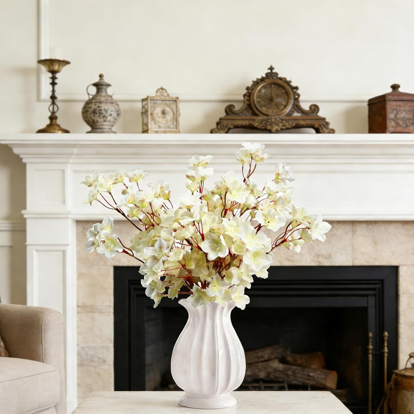 Tinsow Artificial Cherry Blossom Peach Flowers Cream White Spring Flowers for Spring Table Centerpiece Wedding Home Decor (6, Ivory)