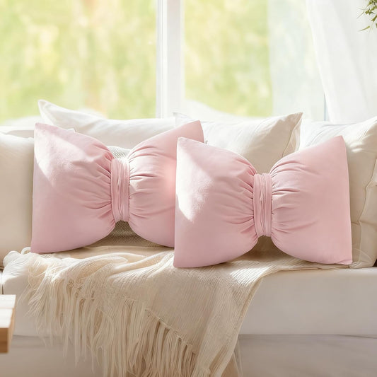 Beeveer Pink 2 Pcs Bow Pillow 12 x 18 Inch Coquette Throw Pillows Large Bow Shaped Velvet Cushion Coquette Decorative for Girls Room Bed Sofa Couch Car Decorations