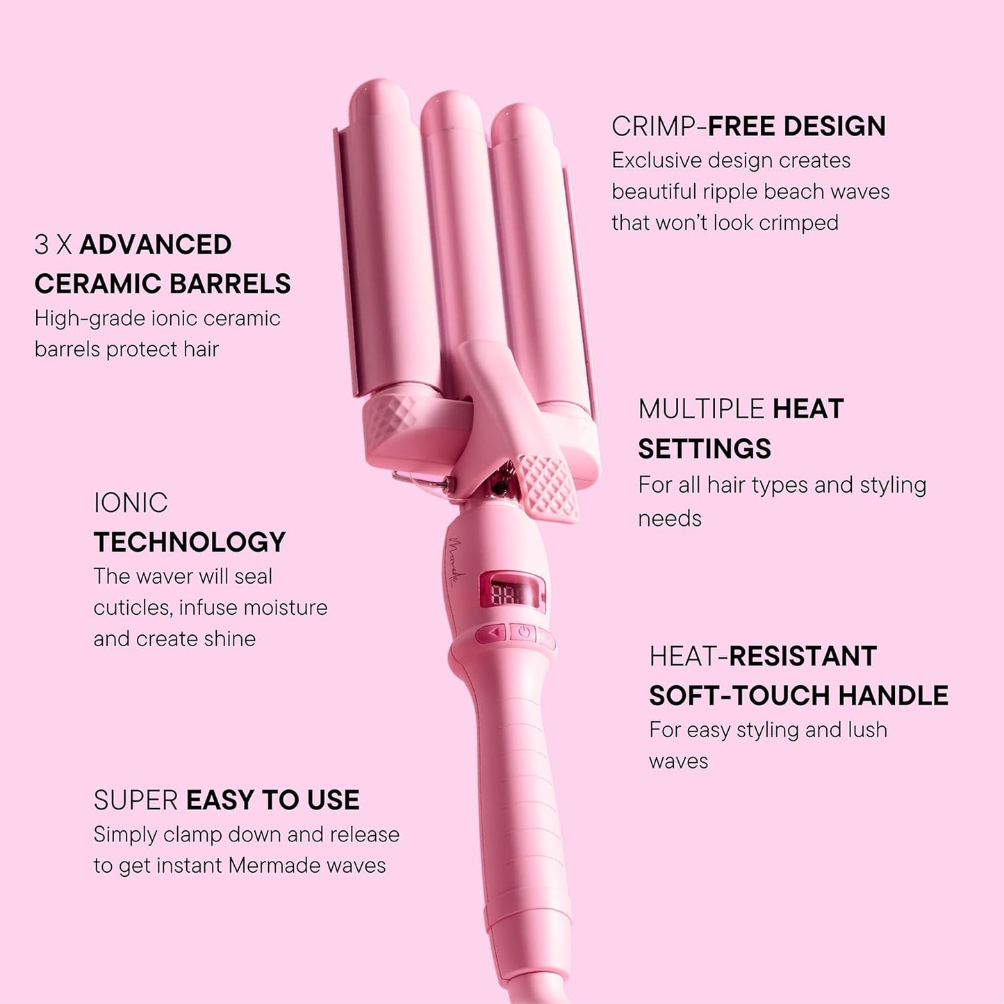 Mermade PRO Hair Waver 1" - 3 Barrel Curling Iron 1 Inch, Ceramic Barrel Waver Tool for Thick, Thin, Long, or Short Hair - 1", Pink with Glove