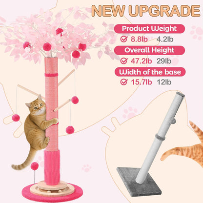 Cat Scratching Post for Indoor Cats Adults, 45 Inch Tall Cat Scratcher with Sisal Rope, Large Cats Scratching Posts with Hanging Ball for Kittens and Medium Large Cats (Pink Color)
