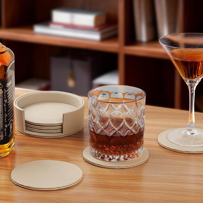 Leather Coasters Set of 6 with Holder, Tabletop Protection, Coffee Table & Bar Decoration, Modern-Style Drink Coasters Suitable for Home Dining Tables & Kitchen Accessories (Beige Stripe)