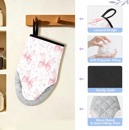 Bows Watercolor Pink Non-Slip Oven Mitts Set Heat Resistant Kitchen Gloves with Quilted Liner Cotton Machine Washable with Hanging Loop for Baking Grilling BBQ