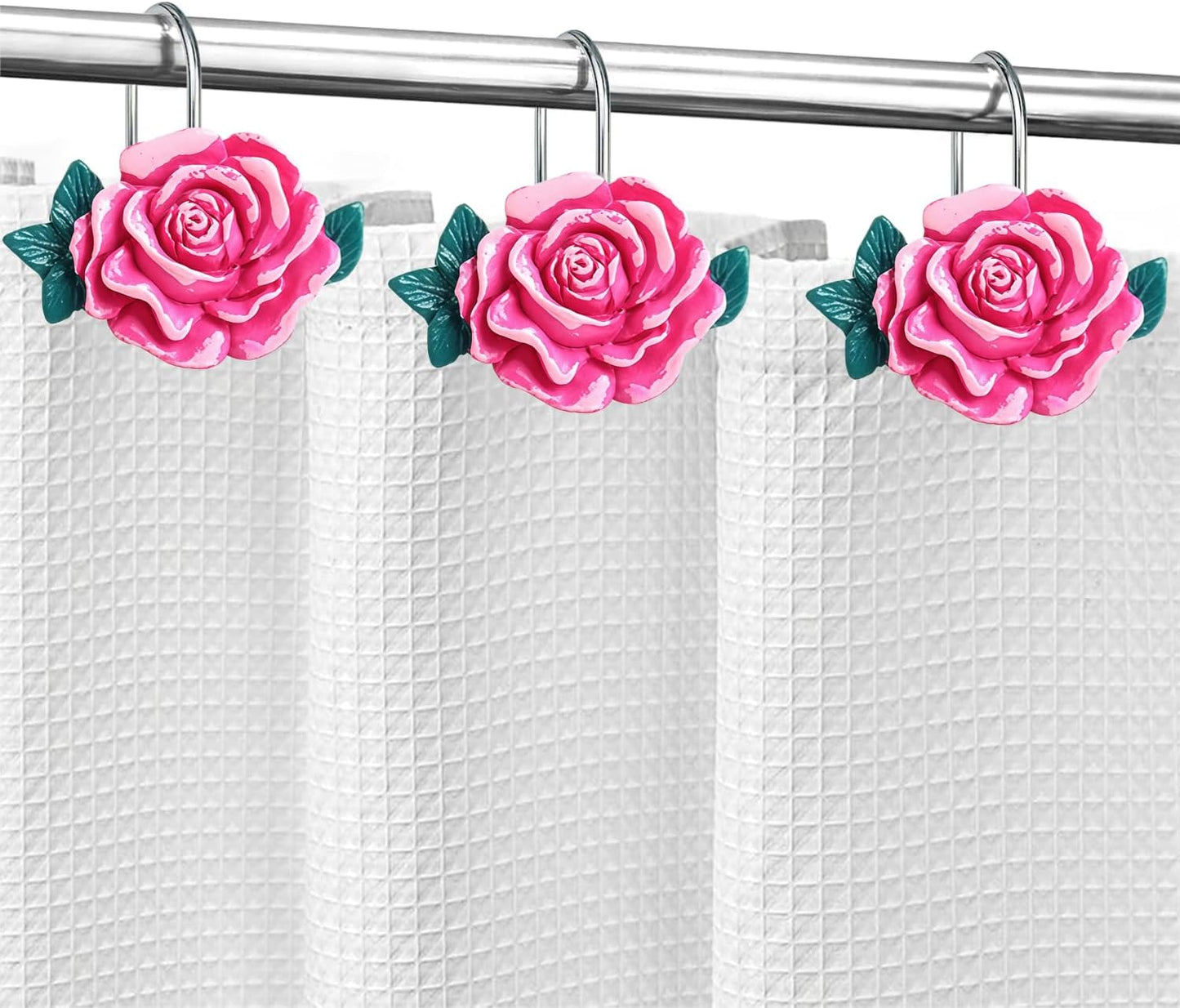 Sylfaen 12 Pcs Pink Rose Shower Curtain Hooks, Stainless Steel Rust Resistant Flower Shower Curtain Rings, Pink Curtain Hooks for Home Bathroom Décor