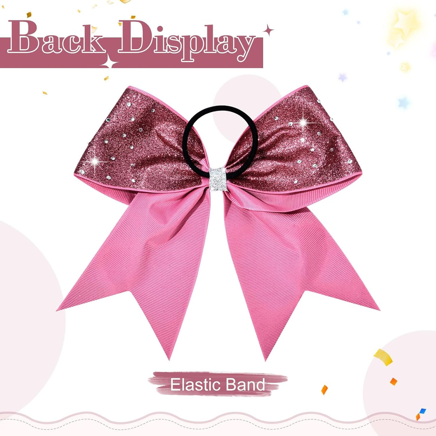 8PCS Glitter Cheer Bow Large Cheer Bows Rhinestones Hair Bows Girls 8"Cheerleading Bows Bulk Elastic Band Ponytail Holder for Teen Girls College Sports Competition Pink