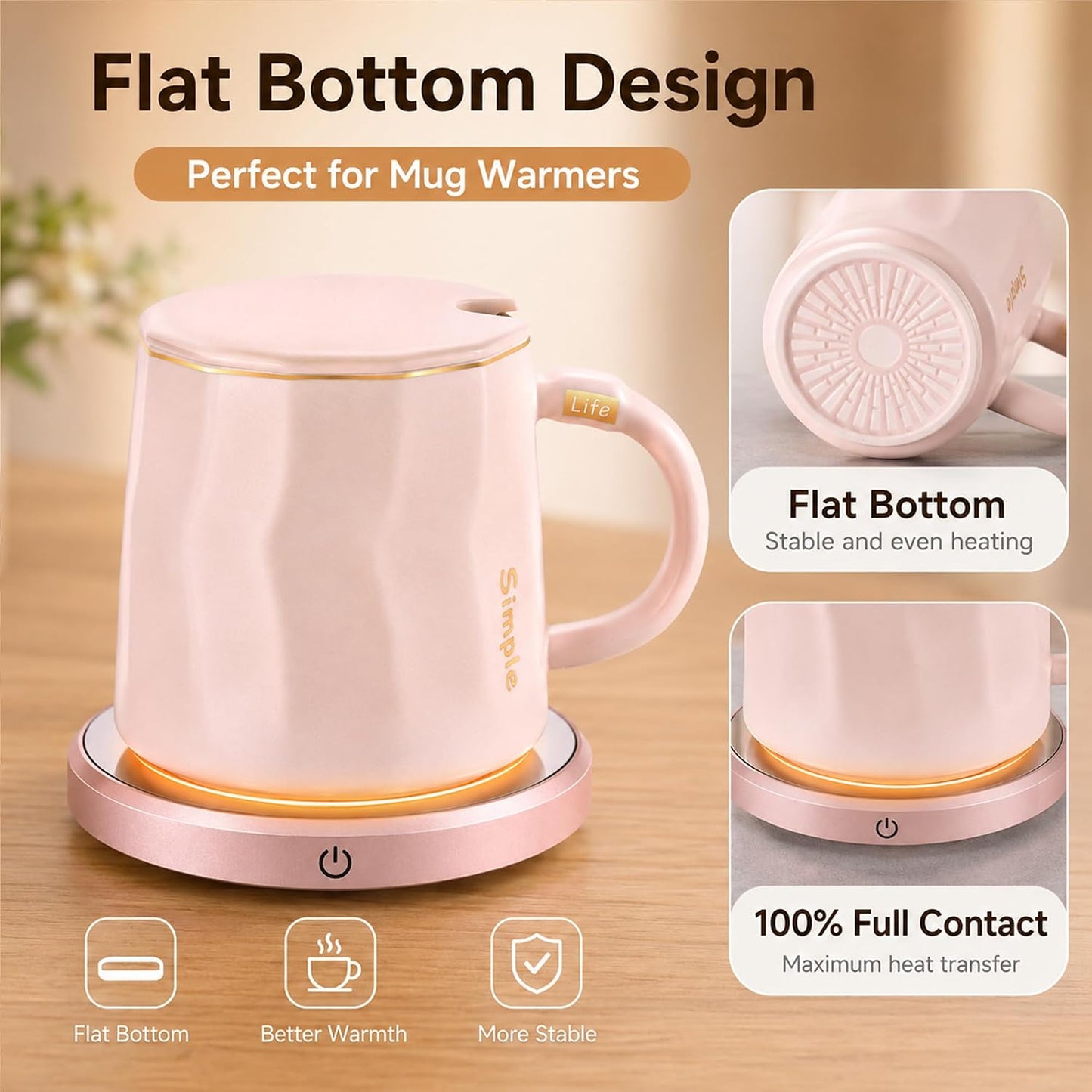 Flat Bottom Coffee Mug for Mug Warmer – 13.5 oz Ceramic Cup with Lid & Gold Trim, Tea Mug for Office Desk, Heater Compatible Gift for Women – Matte Pink