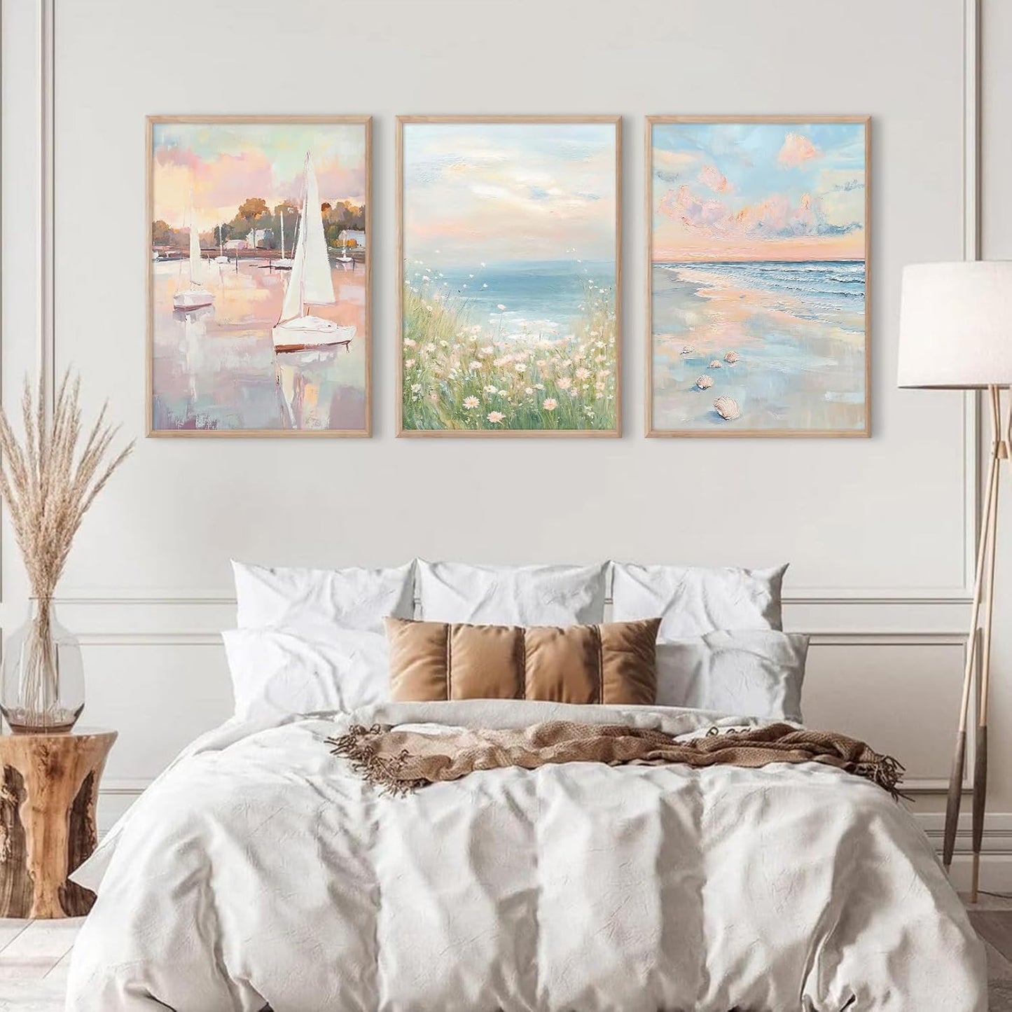 Pink Coastal Wall Art Coquette Beach Canvas Poster Summer Beachy Wall Decor Trendy Pastel Ocean Pictures Preppy Aesthetic Painting Wildflower Prints Sailboat Artwork for Bedroom 12x16 Inch Unframed