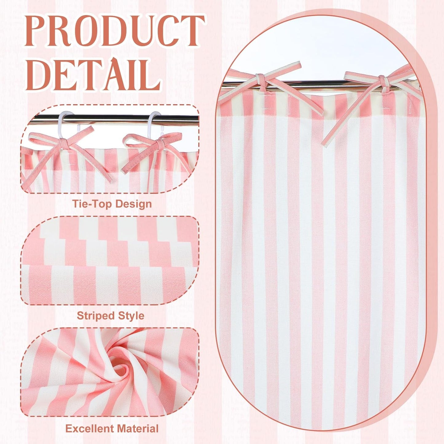 Gilprop Pink Striped Shower Curtain Set for Bathroom Boho Decor Fabric Shower Curtain with Bow Tie and Hooks, 71" x 71"