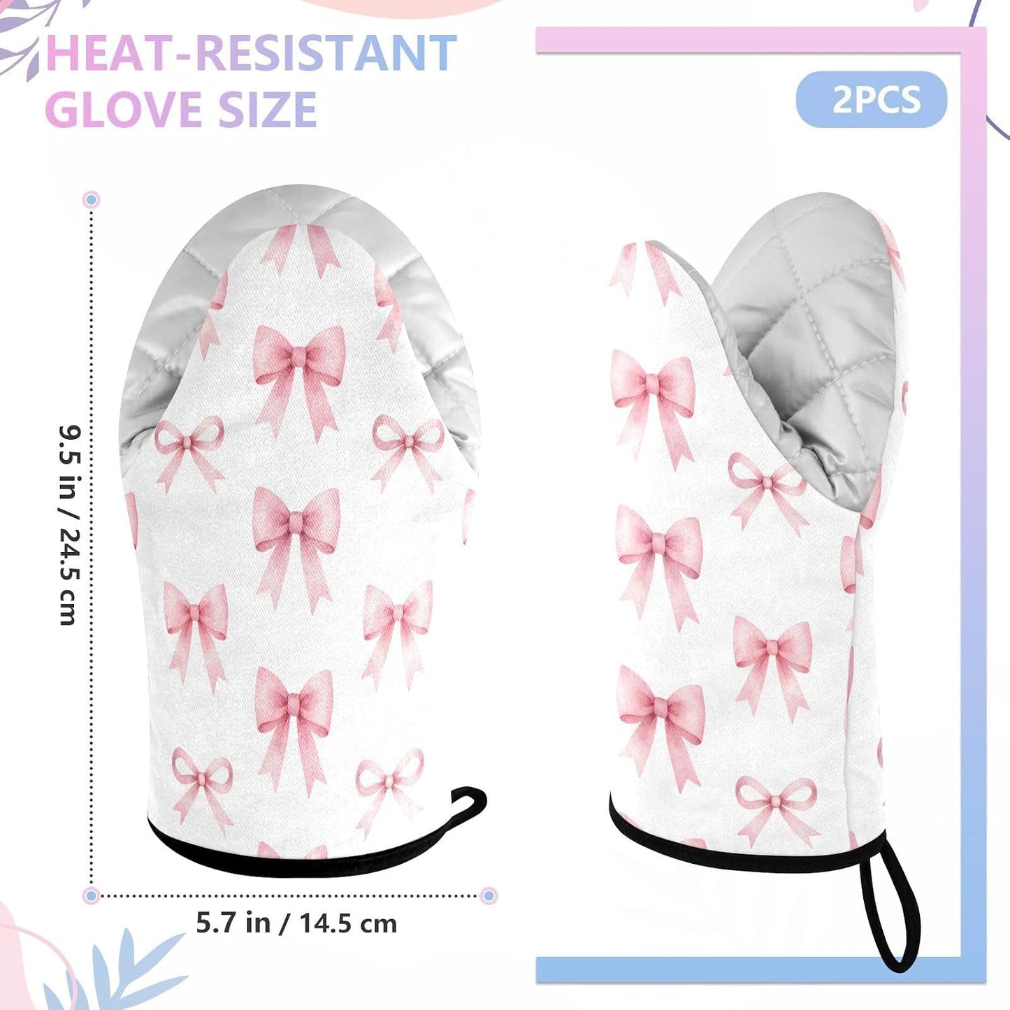 Pink Bows Ribbons Non-Slip Oven Mitts Set Heat Resistant Kitchen Gloves with Quilted Liner Cotton Machine Washable with Hanging Loop for Baking Grilling BBQ