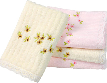 Jacquotha Bathroom Washcloths Face Towels 4-Piece, Floral Embroidered, Cotton, Pink & Cream 13” x 13"