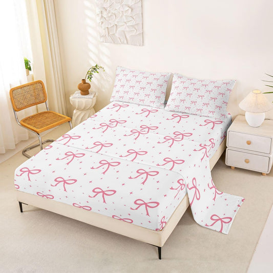 Erosebridal Pink Bow Girls Bed Sheets Queen Coquette Bows Sheet Set Ribbon Bowknot Bedding Set for Kids Girls Boys Adults Girly Preppy Dreamy Princess Fitted Flat Sheets 4 Piece