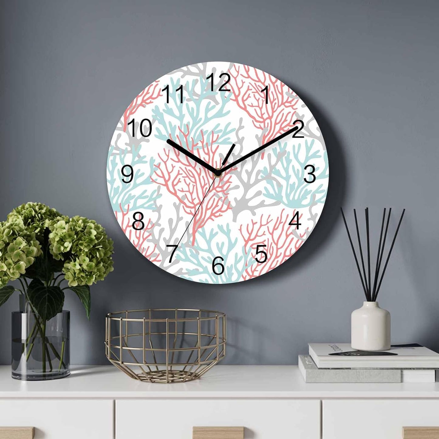 Summer Gradient Pink Teal Ocean Coral Sea Wall Clock Battery Operated Non-Ticking 10" Round Wood Clocks, Kitchen Wall Clock for School Bathroom Living Room Home Office Wall Decor