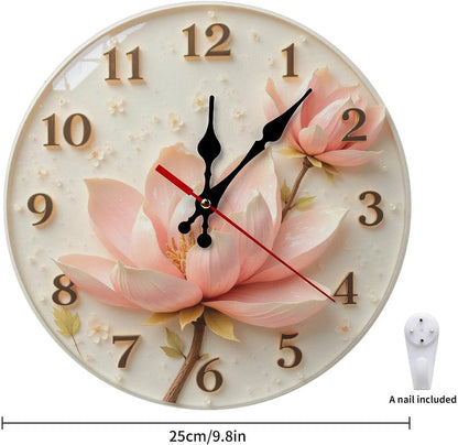 Pink Lotus Clock with Golden Numbers 2D 10 Inch Silent Wall Clock,Frameless Wooden Round Clock with Quartz Movement for Bathroom, Kitchen, Living Room, Bedroom