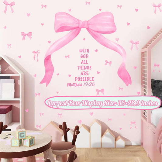 Large Watercolor Girls Room Wall Decals Pink Bow Wall Stickers Peel and Stick Pastel Pink Bow Decor for Baby Room Coquette Sticker Inspirational Quotes Vinyl Decal Art Mural for Nursery Kids Playroom