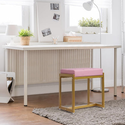 Vanity Stool, Pink Small Vanity Stools Chair, Square Cushion Makeup Chairs for Vanity, Metal Foot Stool Ottoman Seat for Bedroom Makeup Living Room, Pink & Gold