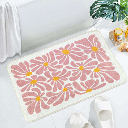 SHIYUE Pink Bathroom Mat Cute Flower Bath Rug, Soft Cozy Microfiber Slip Floor Carpet Decor Absorbent Washable，Girls Bedroom Bathtub Shower(18x26in)
