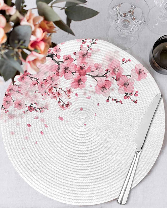 Round Placemats for Dining Table Set of 6 Pink Floral Place Mats Circle Woven Placemat Cherry Blossom Sakura Flower Tree Branch Circle BraidedTable Mat for Kitchen Home Dinner Party Decor 15 Inch