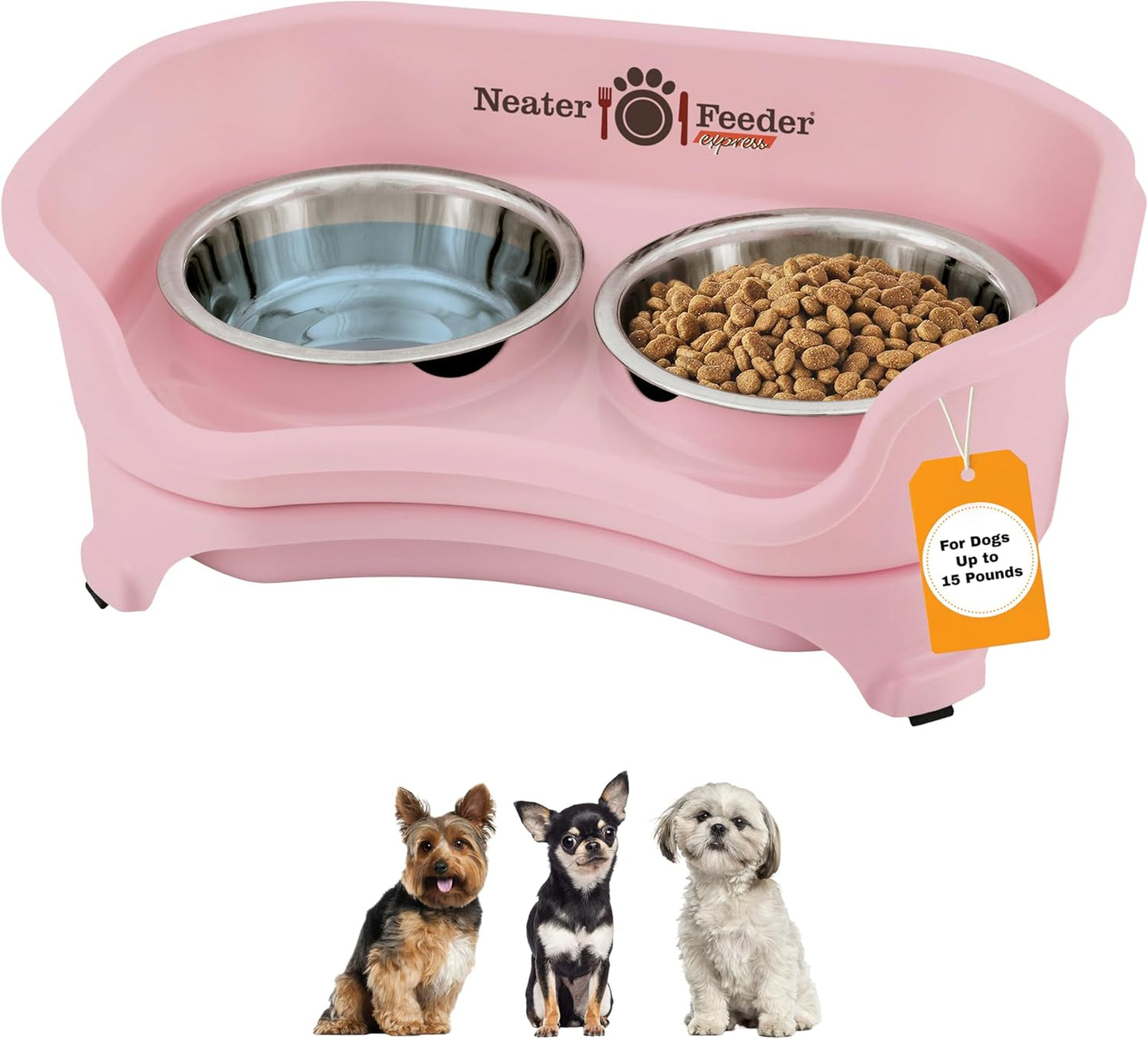 Neater Feeder Express Mess Proof Dog Bowls Elevated for Small Breeds Under 15 Lb, Made in USA, No Spill Raised Dog Food Bowl Stand, Stainless Steel Food and Water Bowl Set, Feeding Station, Pink