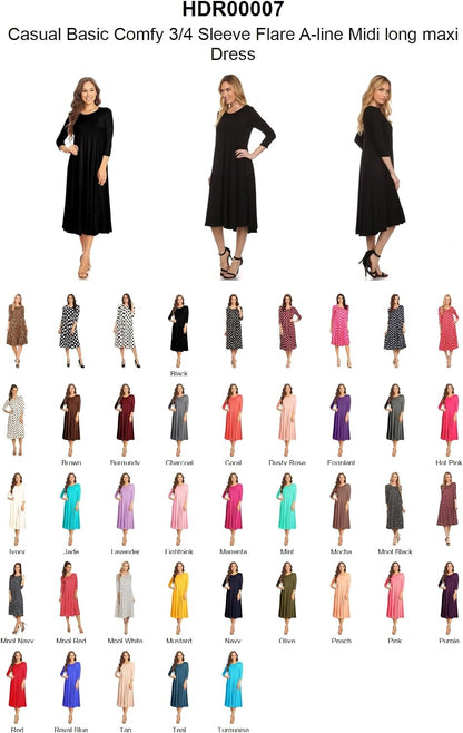 Women's Casual Basic Comfy 3/4 Sleeve Flare A-line Midi Long Maxi Dress(S-3XL)