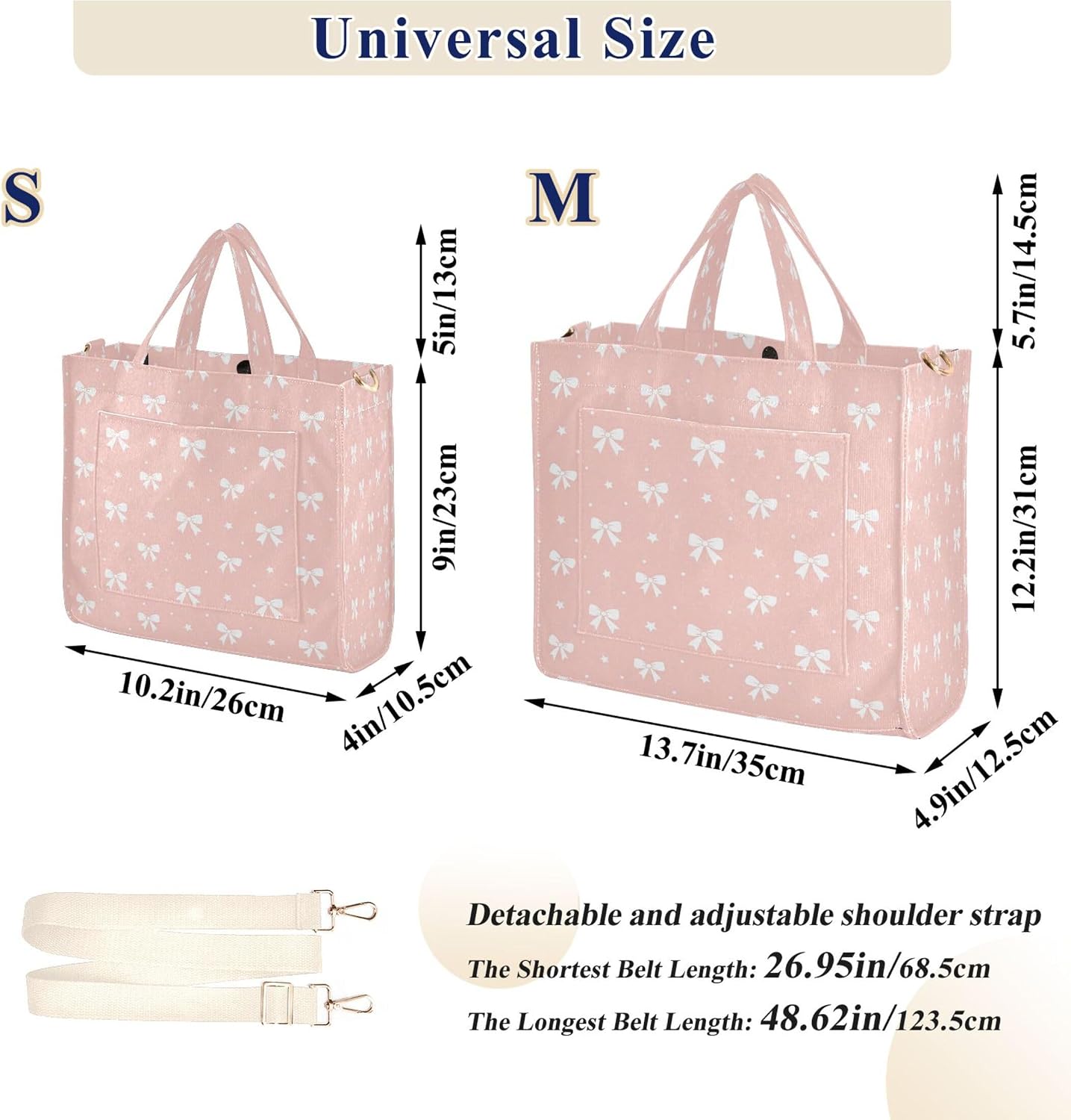 Burbuja Bows on Peach Pink Tote Bag for Women, Corduroy Tote Handbag Crossbody Bag for Shopping Work Travel