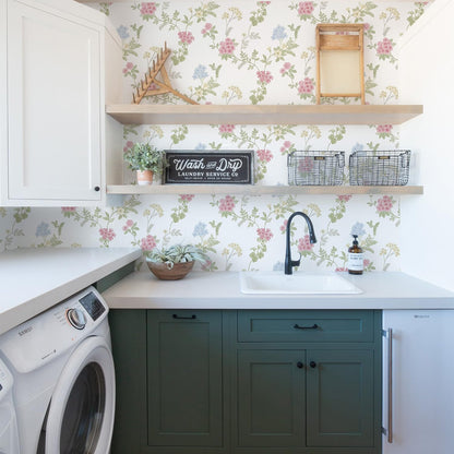Orainege Pink Floral Peel and Stick Wallpaper Removable Self Adhesive Wall Paper 16.9inx118.1in Modern Wallpaper for Bedroom Bathroom Green Leaf Contact Paper for Cabinets