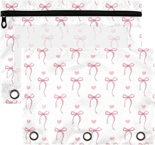 Wamika Pink Bow Bowknot Ribbon Binder Pouches 3 Ring for Boys Girls School Office College Supplies Cute Doodle Pattern Pencil Pouches Case Bag with Clear Window and Zipper 2 pack
