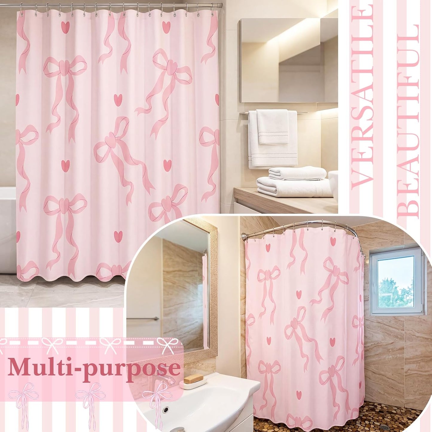 Haull Pink Bow Shower Curtain for Bathroom Coquette Preppy Curtain Decorations with 12 Hooks Pink Bow Aesthetic Bathroom Decor Waterproof Shower Accessories, 72 x 71 Inch