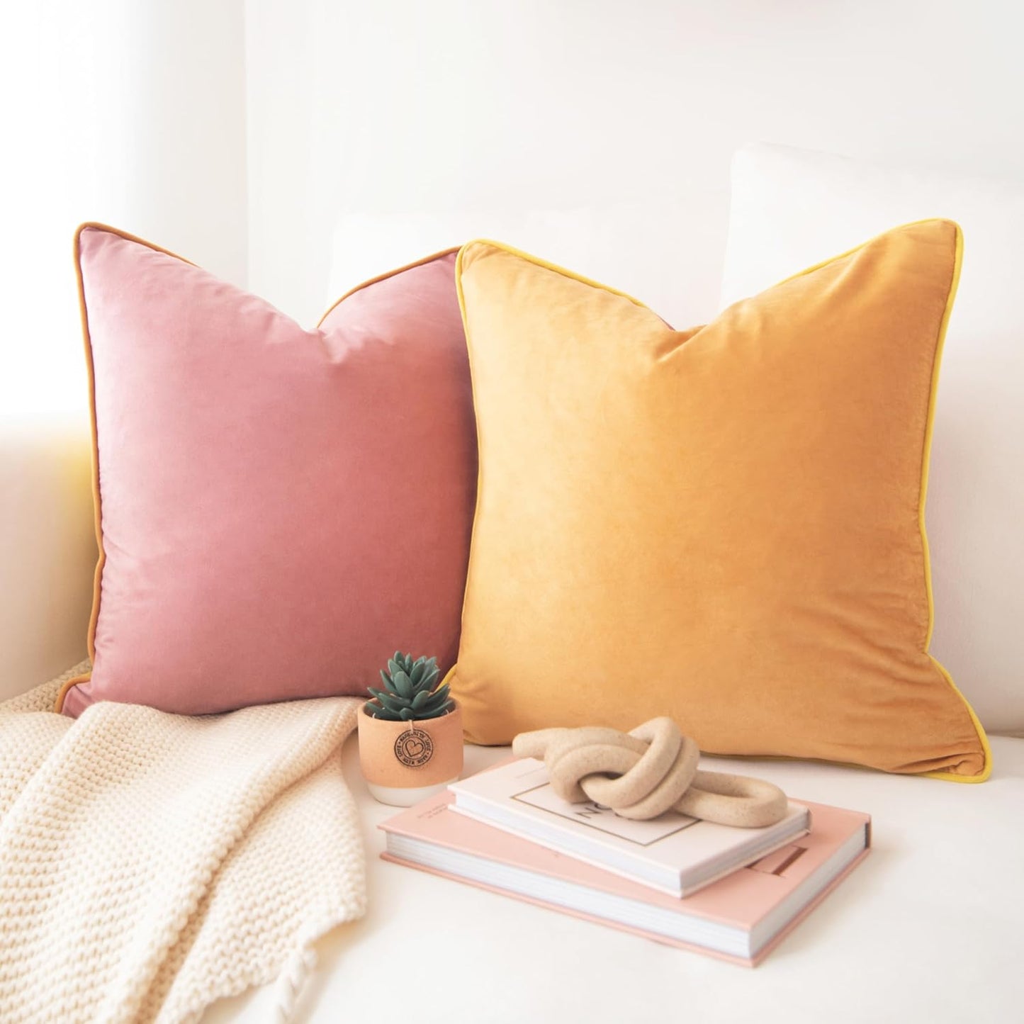 MONDAY MOOSE Decorative Throw Pillow Covers Cushion Cases, Set of 2 Soft Velvet Modern Double-Sided Designs, Mix and Match for Home Decor, Pillow Inserts Not Included (18x18 inch, Yellow/Pink)