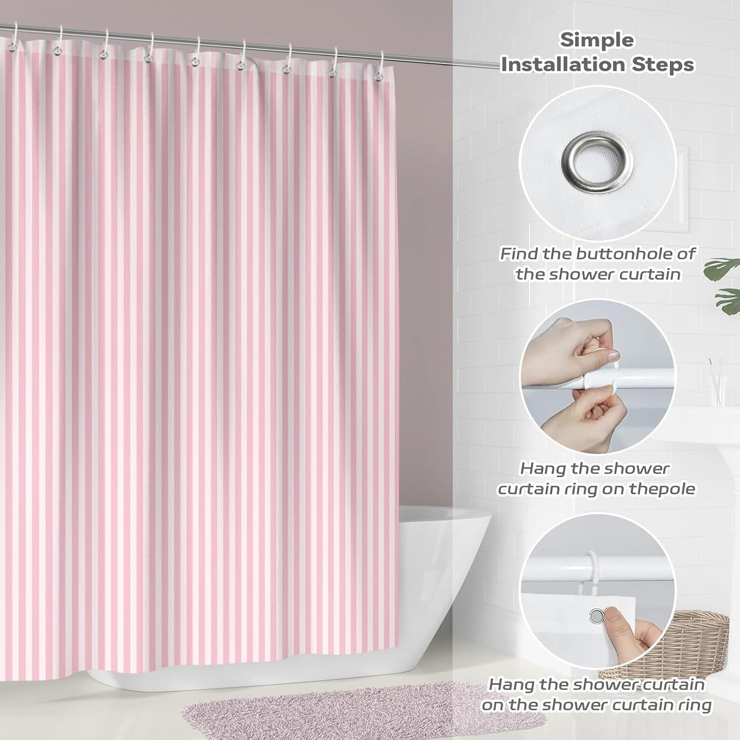 Pink and White Striped Shower Curtain,Vintage Pink Vertical Striped Geometric Waterproof Polyester Fabric Bath Curtain with 12 Hooks 72 x 72 inch