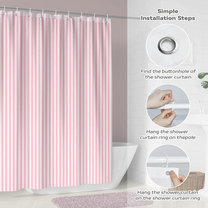 Pink and White Striped Shower Curtain,Vintage Pink Vertical Striped Geometric Waterproof Polyester Fabric Bath Curtain with 12 Hooks 72 x 72 inch