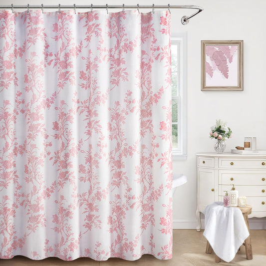 Pink Floral Shower Curtain,Vintage Cotton Cottagecore Shower Curtains for Bathroom, 72" W x 72" L