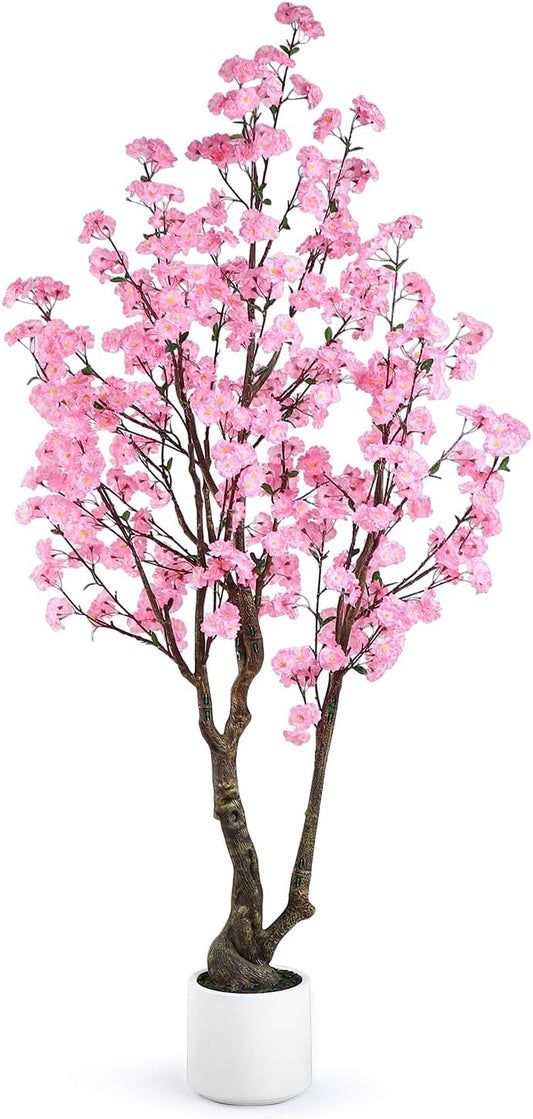 Artificial Cherry Blossom Tree, 7FT Tall Artificial Tree with White Pot, Pink Fake Sakura Flower Tree, Faux Silk Plants for Home, Living Room, Wedding, Garden, Balcony, Hotel Decoration